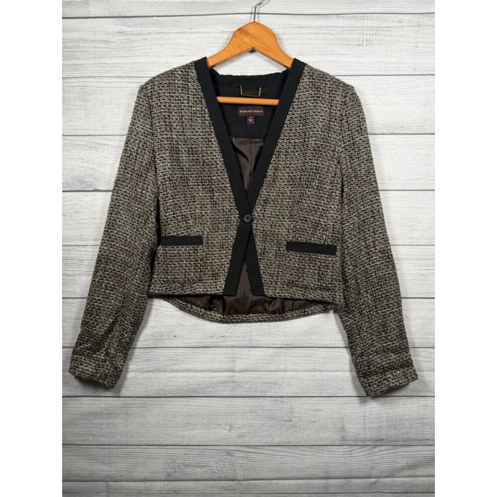 Dana Buchman Women's S Black Tan Tweed Cropped One Button Blazer Jacket 4389